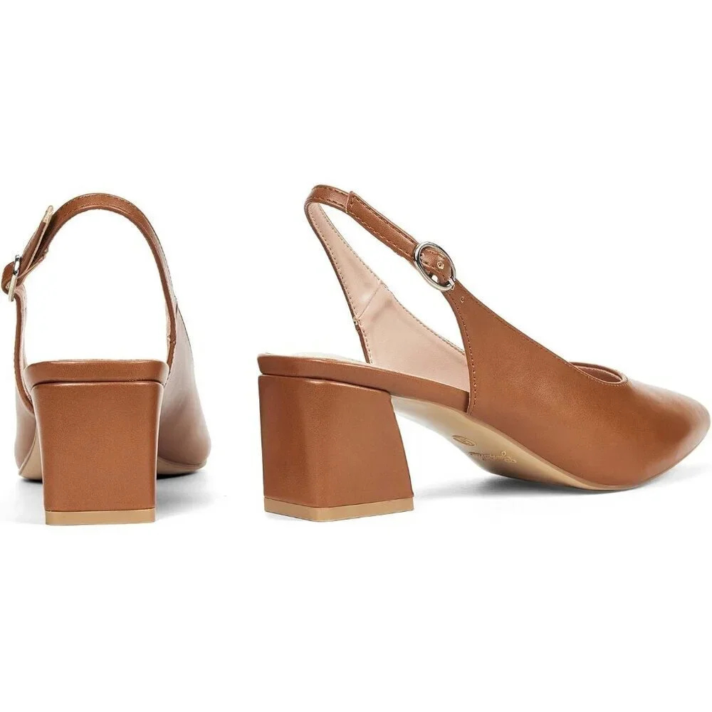 Women Slingback Brown Toe Block Heel Pump Low Heel Office Wedding Dress Shoes